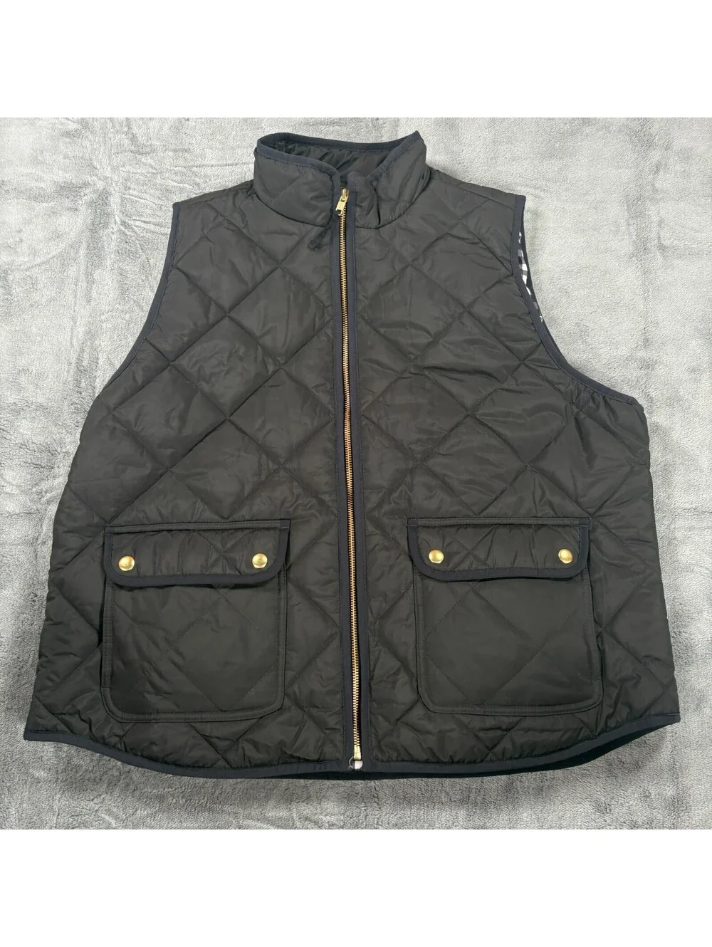 J.Crew Quilted Puffer Vest Mens XXL Black Gingham Lined Full Zip FA23